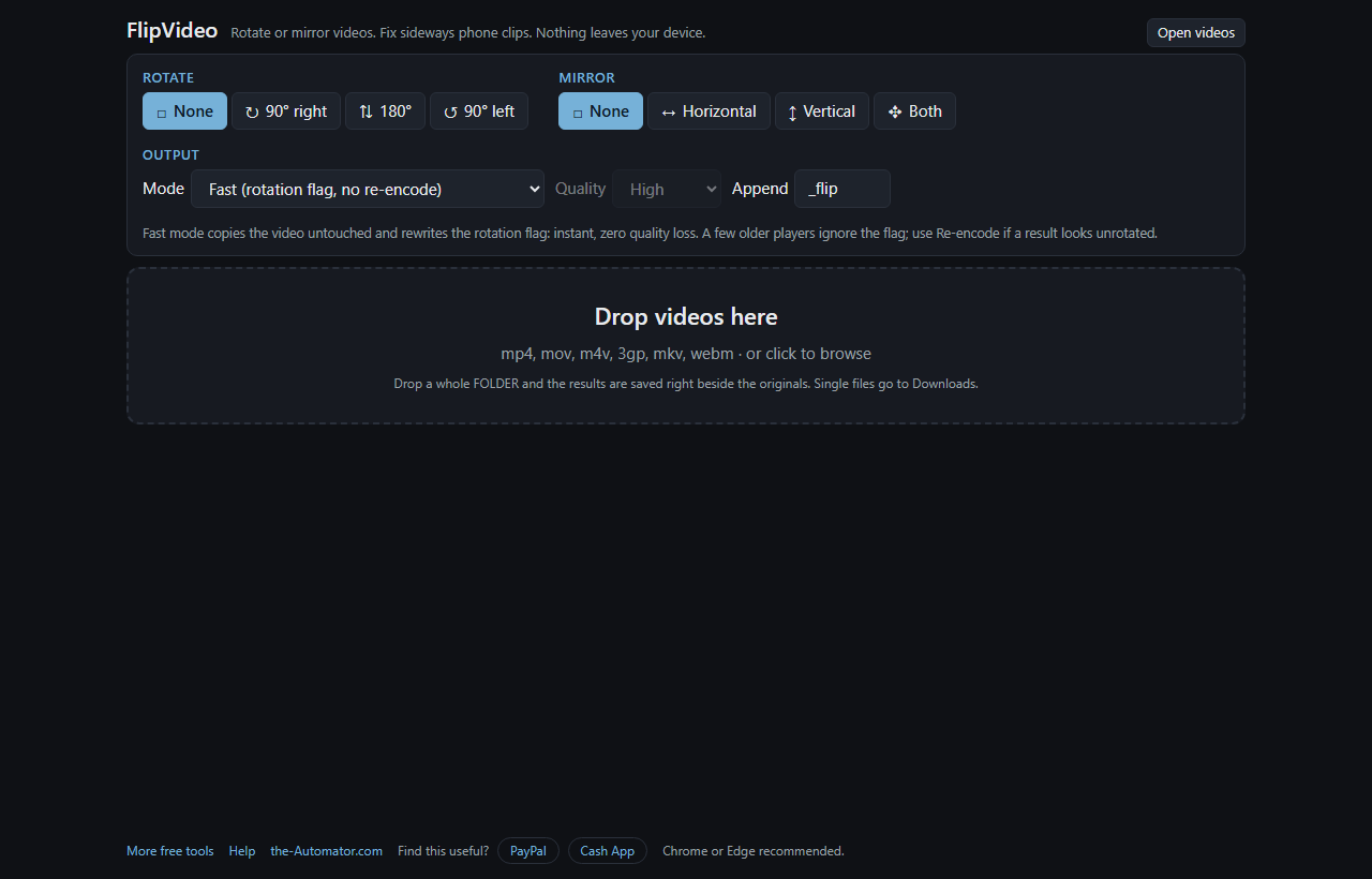 FlipVideo rotate and mirror buttons above the video drop zone